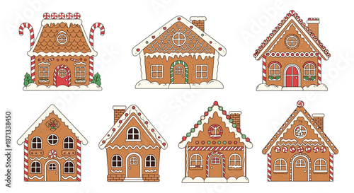 Festive collection of seven uniquely decorated gingerbread houses with icing, candy canes, and colorful sweets.