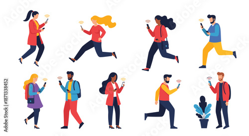 Diverse group of men and women walking and running while actively using their smartphones with wifi symbols.