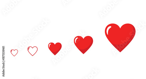 Series of five red heart icons gradually increasing in size from small outline to large solid heart shape.