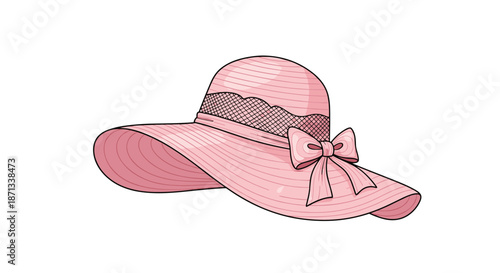 Elegant pink wide brimmed sun hat for women featuring mesh band and decorative ribbon bow on white background.