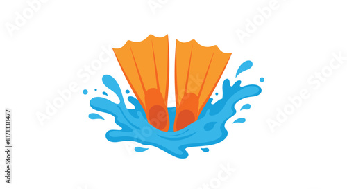 Pair of bright orange swim flippers creating blue water splash isolated on white background for summer fun.