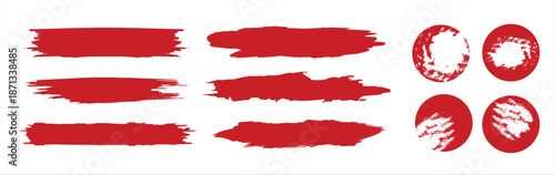 Straight red ink vector lines pack. Bloody color long and round hand-drawn brushstroke text highlights  frames  circles. Asian calligraphy brushstroke set.