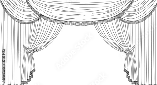 Detailed black and white line art illustration of elegant ornate theater stage curtains with fringes and swags.