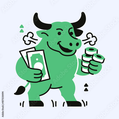 Vibrant Green Bull Character Showing Financial Prosperity
