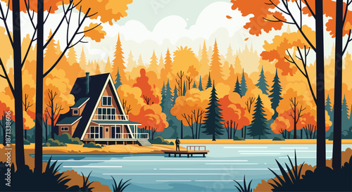 Cozy A-frame cabin nestled in a colorful autumn forest next to a calm lake with a person standing on a wooden pier in the distance.