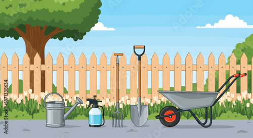 Various gardening tools including a watering can, spray bottle, pitchfork, shovel, and wheelbarrow arranged neatly along a white picket fence.