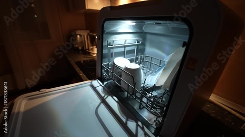 Dishwasher open at night, interior lit by soft glow. Plates and mugs on rack in focus. Warm ambient light from kitchen, blurred background shows countertop and cabinets.