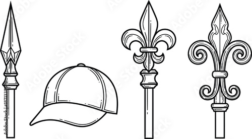 Line art vector set of 4 fence topper finials spear point fleur de lis ball cap and scroll design