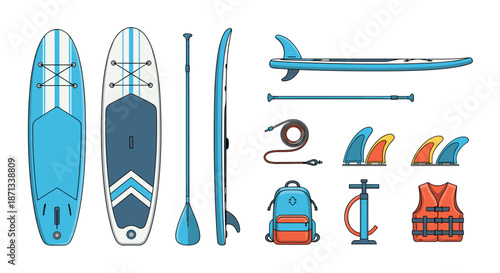 Complete set of paddleboarding equipment including different boards, a paddle, pump, leash, fins, backpack, and a life jacket.
