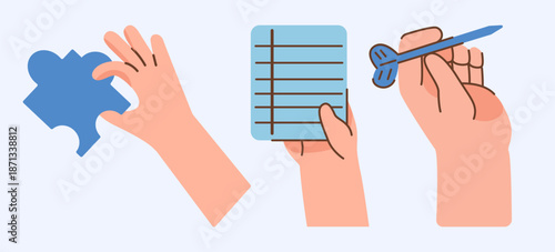 Cartoon Hands Holding Puzzle Piece Note And Dart Game