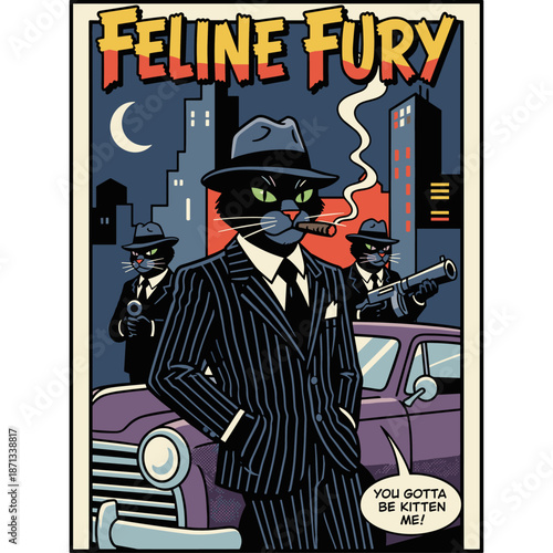 cat mafia gangsters with guns in a comic poster style flat color block vector illustration