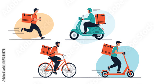 Delivery courier characters riding scooter, bicycle, kick scooter, and running with thermal backpacks for food order service.