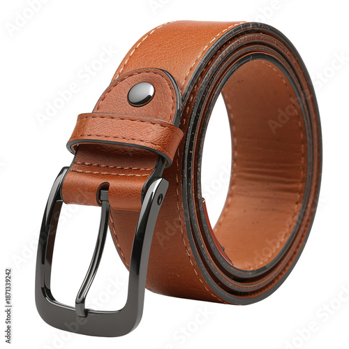 Brown Leather Belt With a Black Buckle Laying Flat on a White Background