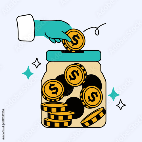 Depositing Dollar Coins into a Savings Jar Financial Concept