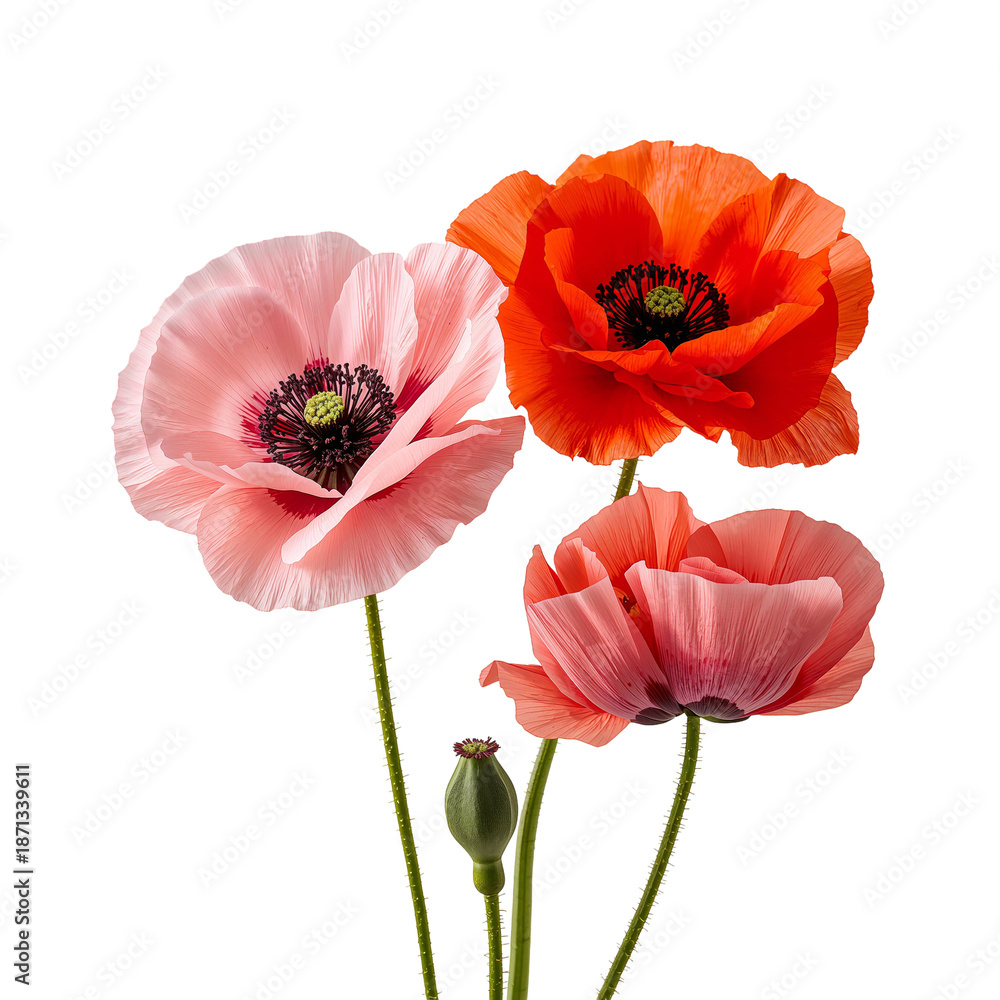 Obraz premium Colorful Poppy Flowers in Different Shades Stand Together in a Simple Arrangement on a White Background