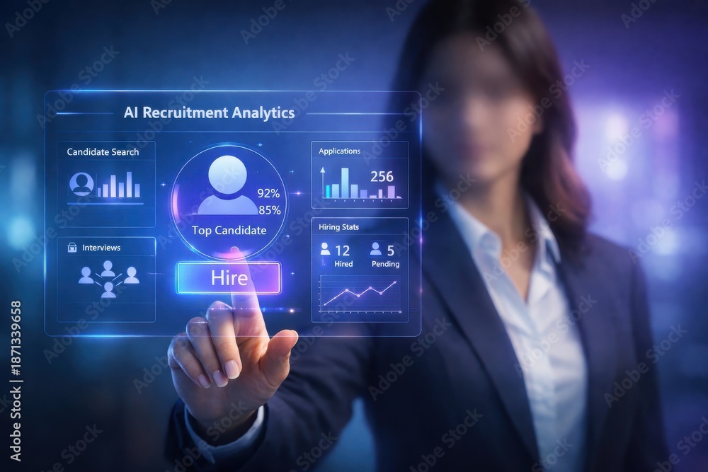 Obraz premium Business woman with ai recruitment analytics dashboard in modern corporate environment with moody lighting