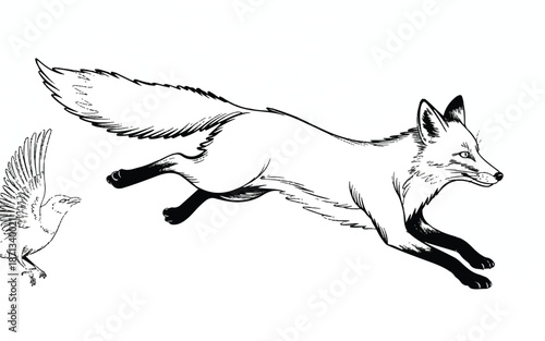Black and white illustration of a fox chasing a bird in flight