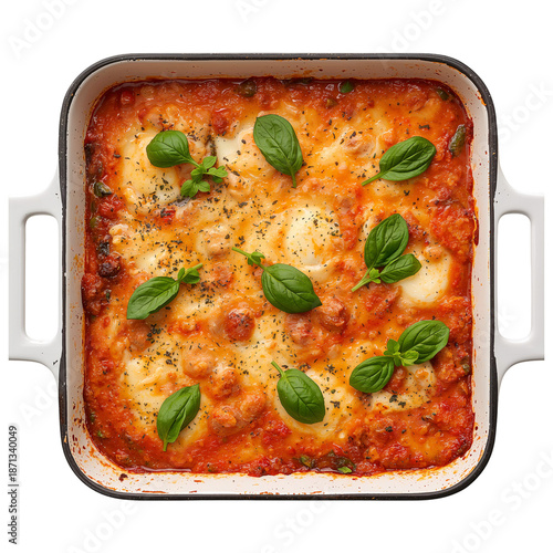 Homemade Lasagna With Cheese and Herbs Baked in a Square Dish on a Kitchen Co...