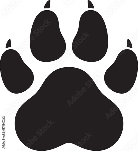 Black paw print with five distinct toes and a central pad on a white background also transparent background