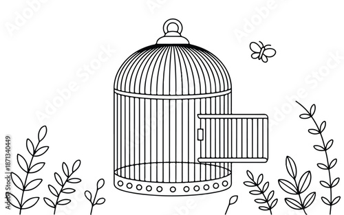 black and white illustration of open birdcage with leaves and butterfly