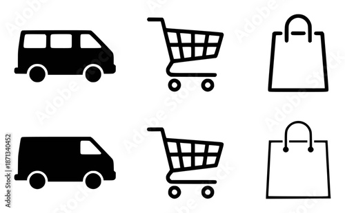 Black silhouette of a van shopping cart and shopping bag arranged in rows white vehicle