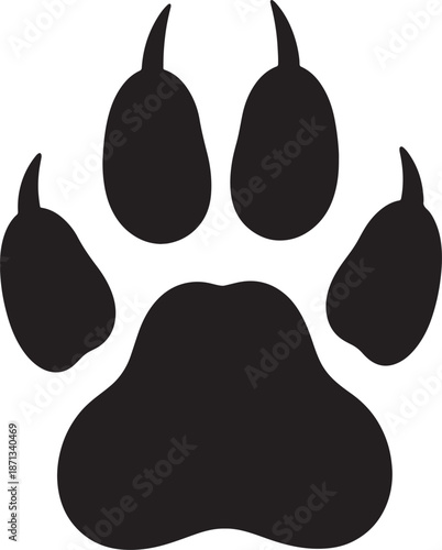 Black paw print with five distinct toes and claws on a white background also transparent background