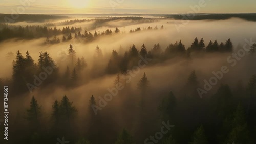 Misty Forest Landscape at Sunrise Aerial View.
