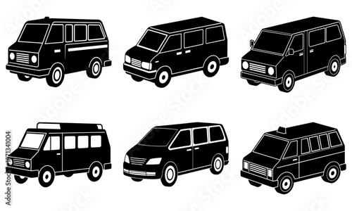 Six Black Minivans and Vans Silhouettes on White Background