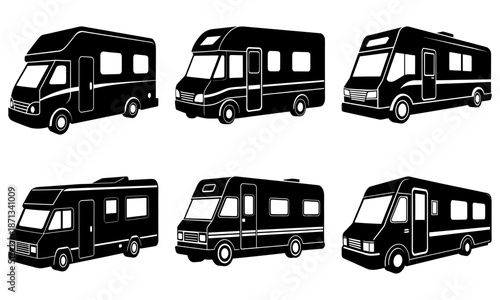 Six Black and White Camper Van Silhouettes on White Background six vans