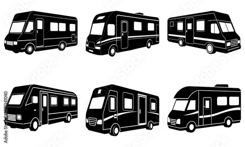 Six Black and White Camper Van Silhouettes on White Background motorhome 1