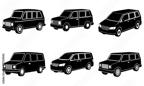 Six Black Station Wagons Silhouettes on White Background vehicles