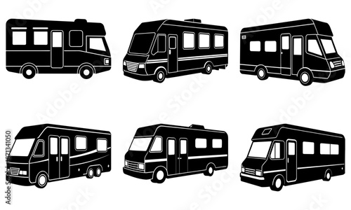 Six Different Types of Black Camper Vans on White Background recreational vehicle