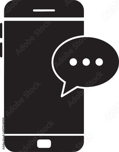 Black smartphone with a speech bubble containing three dots on the screen also transparent background