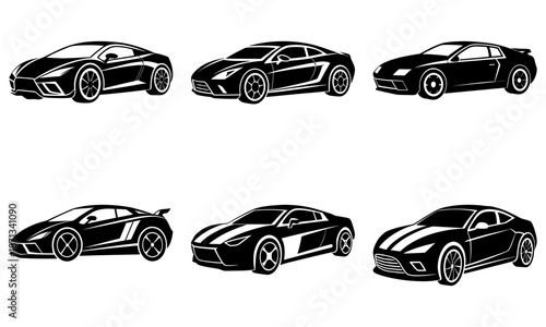 Six Black Luxury Sports Cars Silhouettes on White Background luxury cars black silhouettes