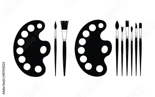 black and white silhouette of paint brushes and palettes for art  painting tools