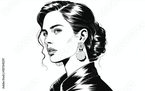 Black and white portrait of a woman with elegant hairstyle and jewelry