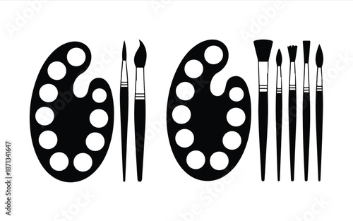 black silhouette of paintbrushes and palettes on white background
