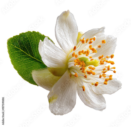 Close-up of a delicate, white flower with vibrant yellow stamens, set against a black background.  Green leaves are visible