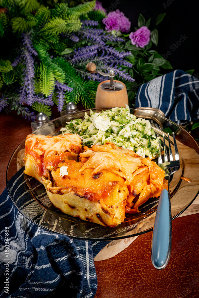 Fotografie Stuffed pancake baked with cheese.