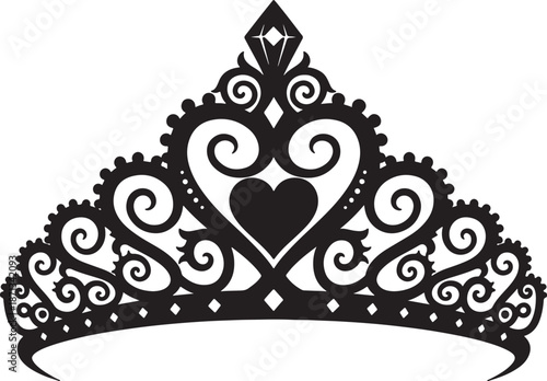 Ornate black and white crown with heart and swirl patterns also transparent background