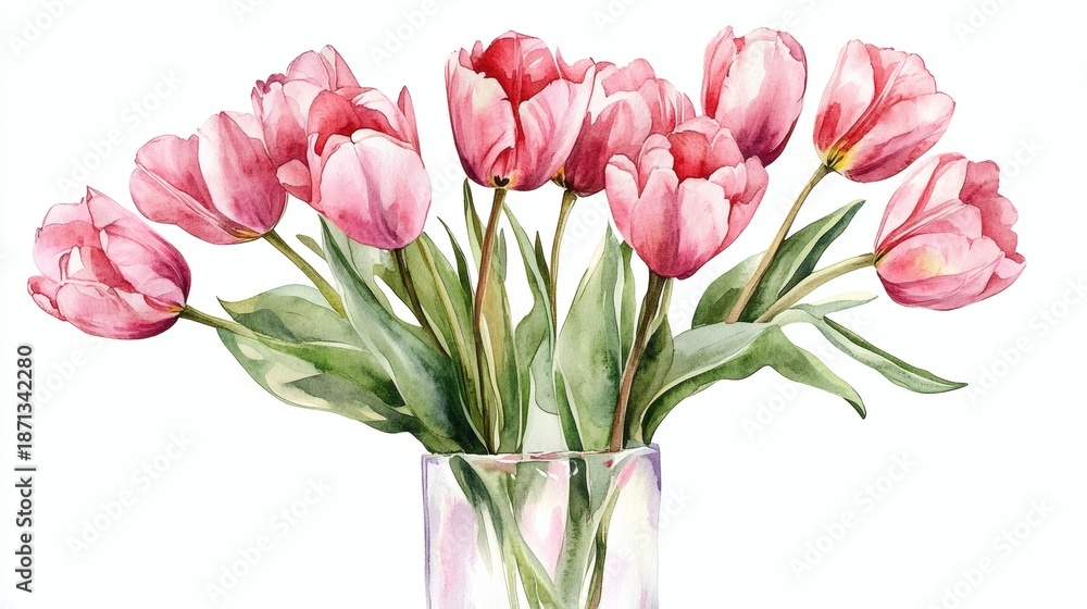 Fototapeta premium Pink Tulips Watercolor Bouquets Glass Vase Floral Illustration Artwork for Design Projects