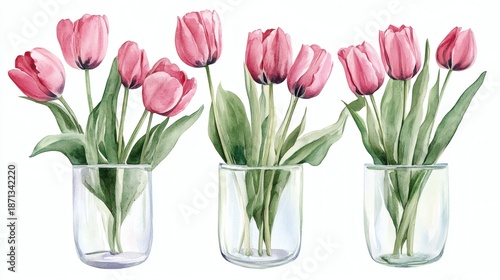 Pink Tulips Watercolor Bouquets Glass Vase Floral Illustration Artwork for Design Projects