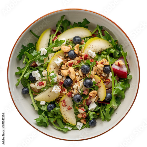 Fresh Green Salad With Apples, Blueberries, Nuts, and Cheese on a White Backg...