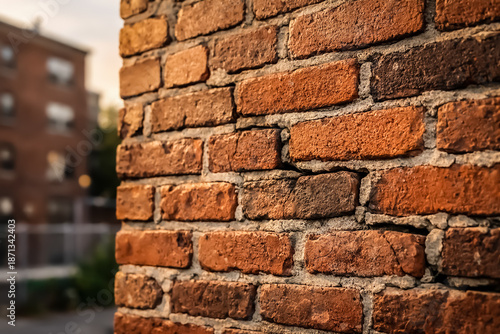 Close-up of a weathered, rustic red brick wall with warm, evening light. Cracks are evident in the mortar. Architectural background. Stair-step pattern design element.