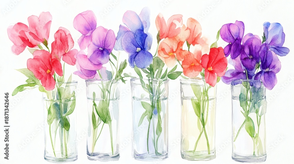 Obraz premium Watercolor illustration material set of sweet peas in a glass vase