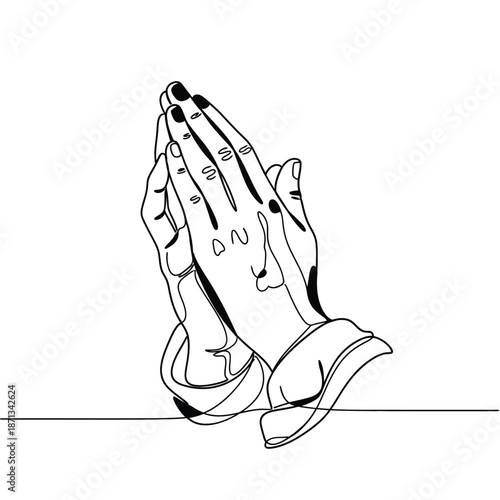 Prayer and spirituality symbol with folded hands, continuous line art vector icon for app ui