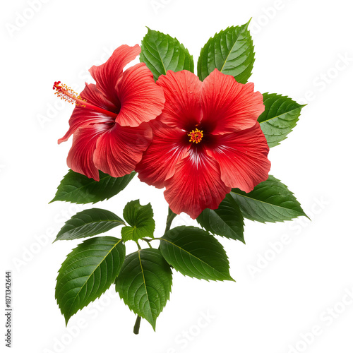 Fresh Hibiscus Flowers With Green Leaves Displayed on a White Background