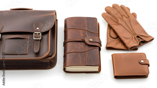 A luxurious collection of classic brown leather accessories, including a vintage satchel, sophisticated journal, stylish gloves, and an elegant wallet, showcasing timeless craftsmanship