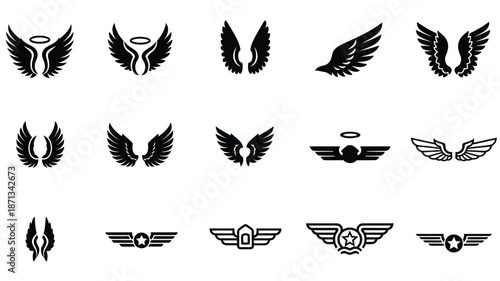 Collection of various black wing designs and a halo a striking silhouette