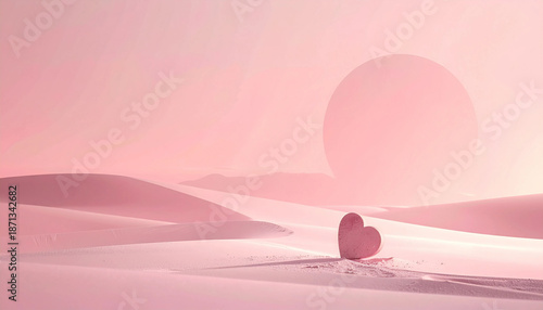 Surreal pink desert with heart shape and large moon